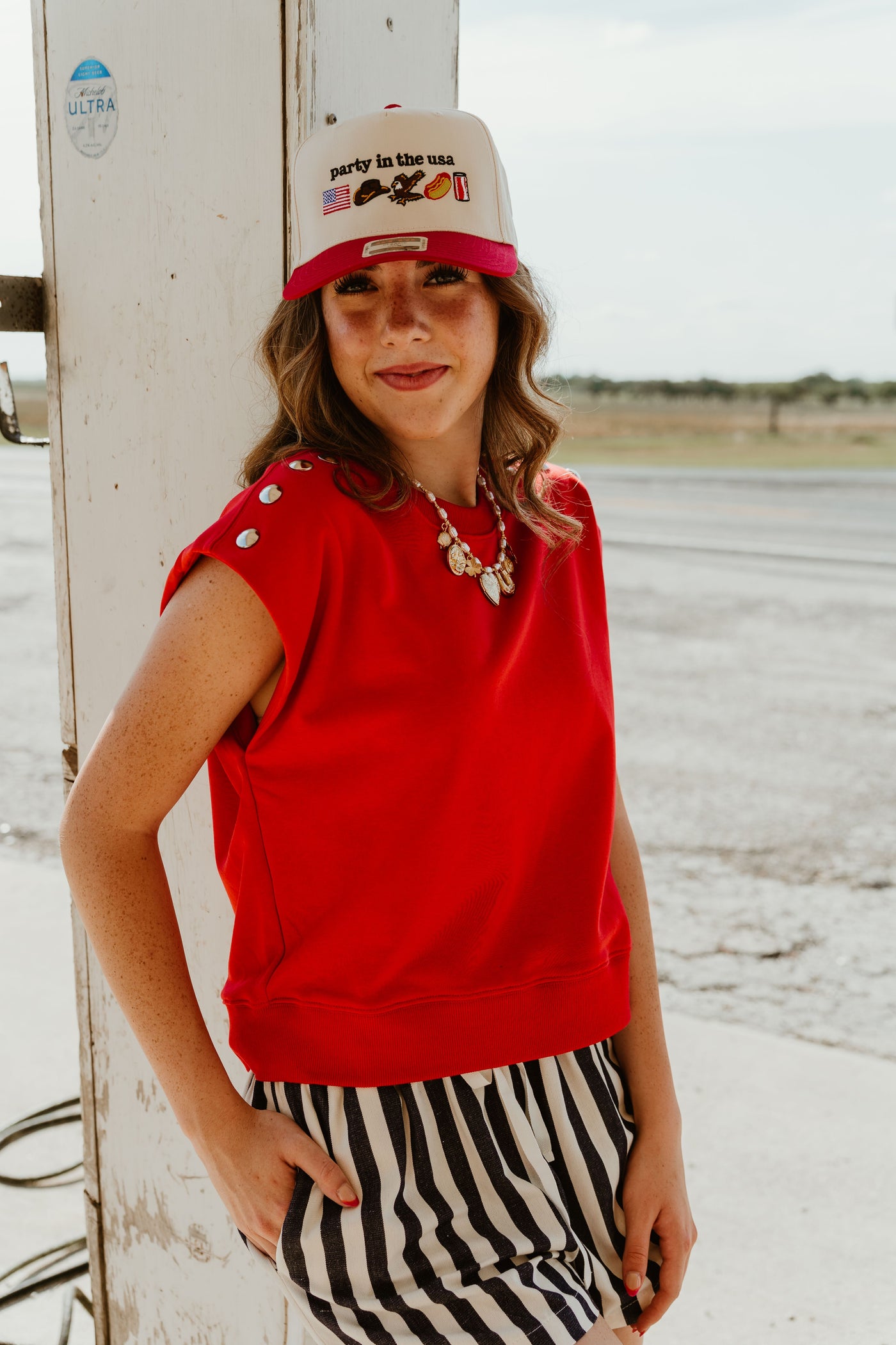 Red Short Sleeve Top with Shoulder Studs T26341