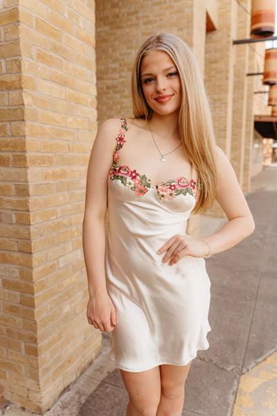 Oyster Embroidered Floral Trim Mini Dress