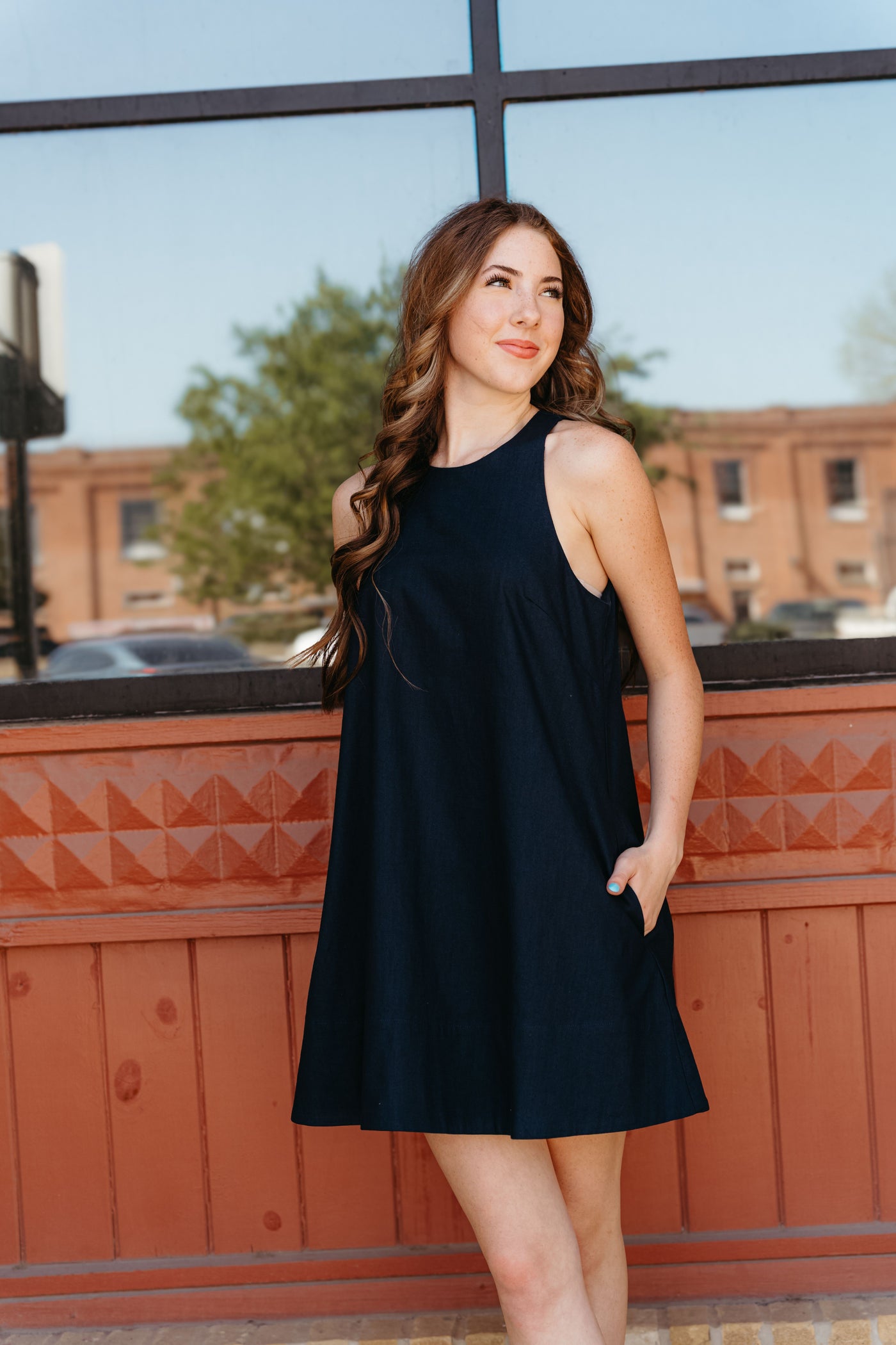 Navy Sleeveless Dress with Pockets D4550