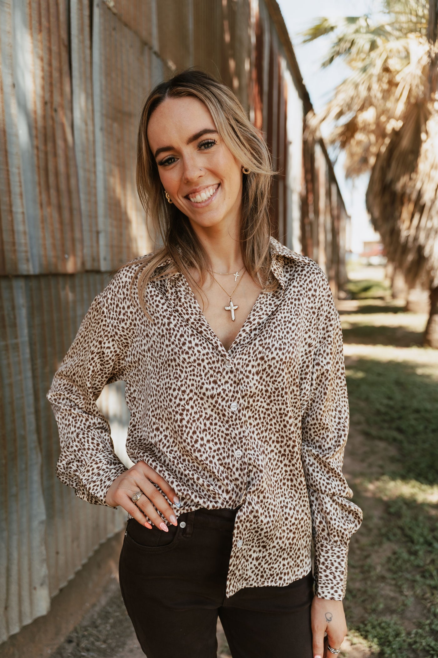 Cream Brown Animal Print Button-Up Top BRT3219-3