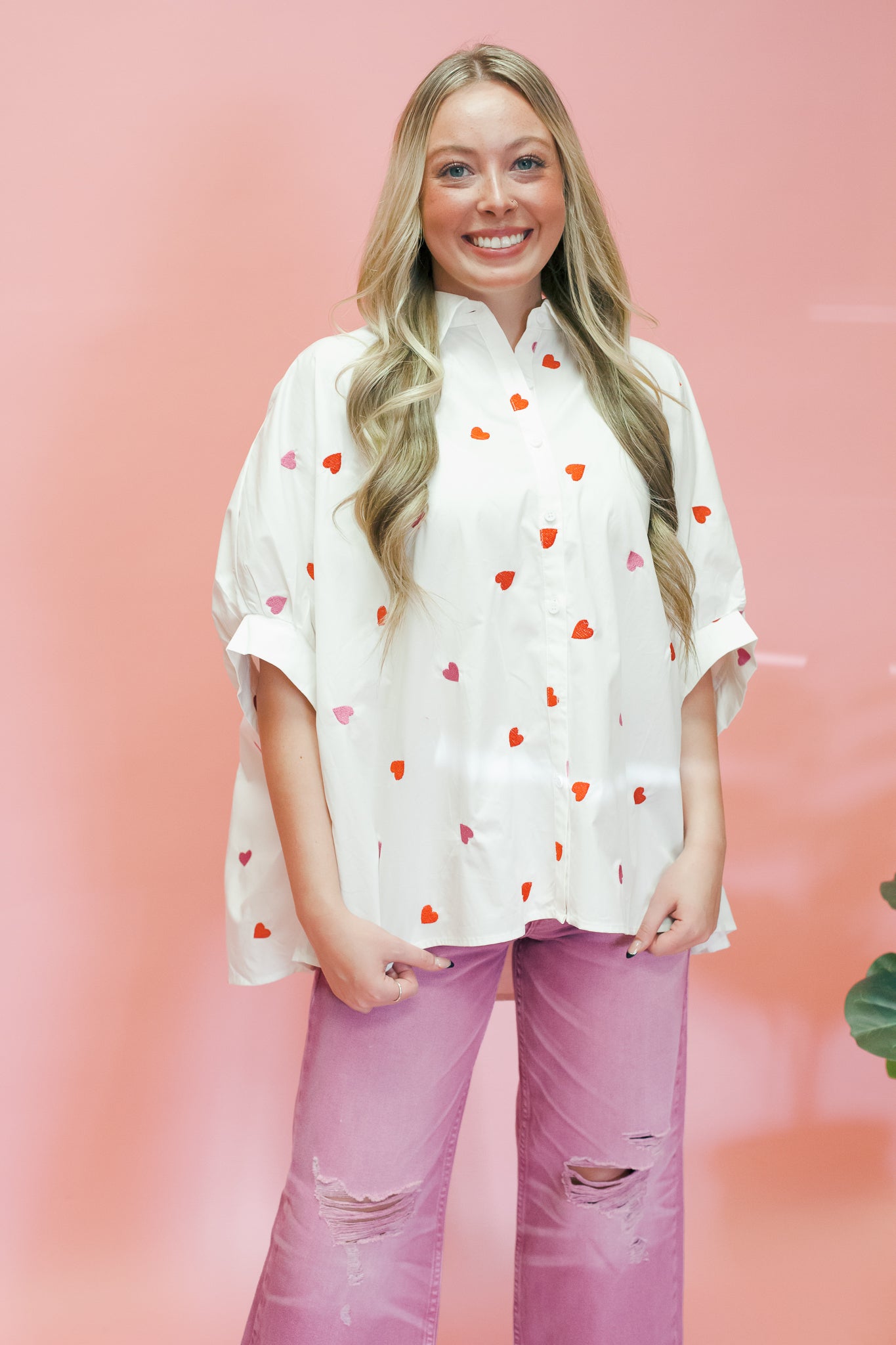 White Heart Embroidered Oversized Shirt