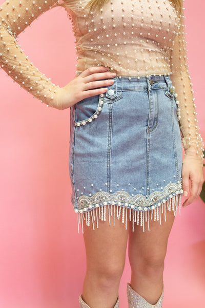 Denim Embellished Pearl Skirt