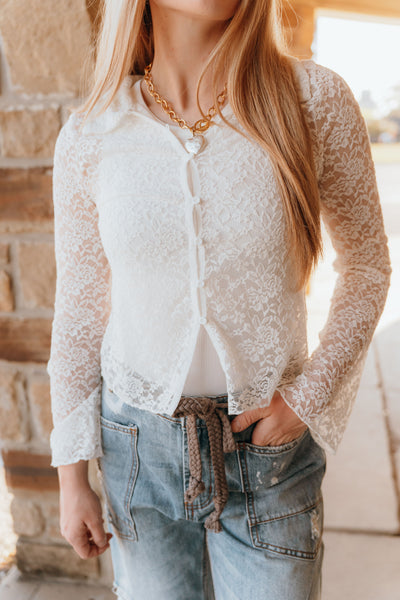 White Button Down Lace Top ST2813