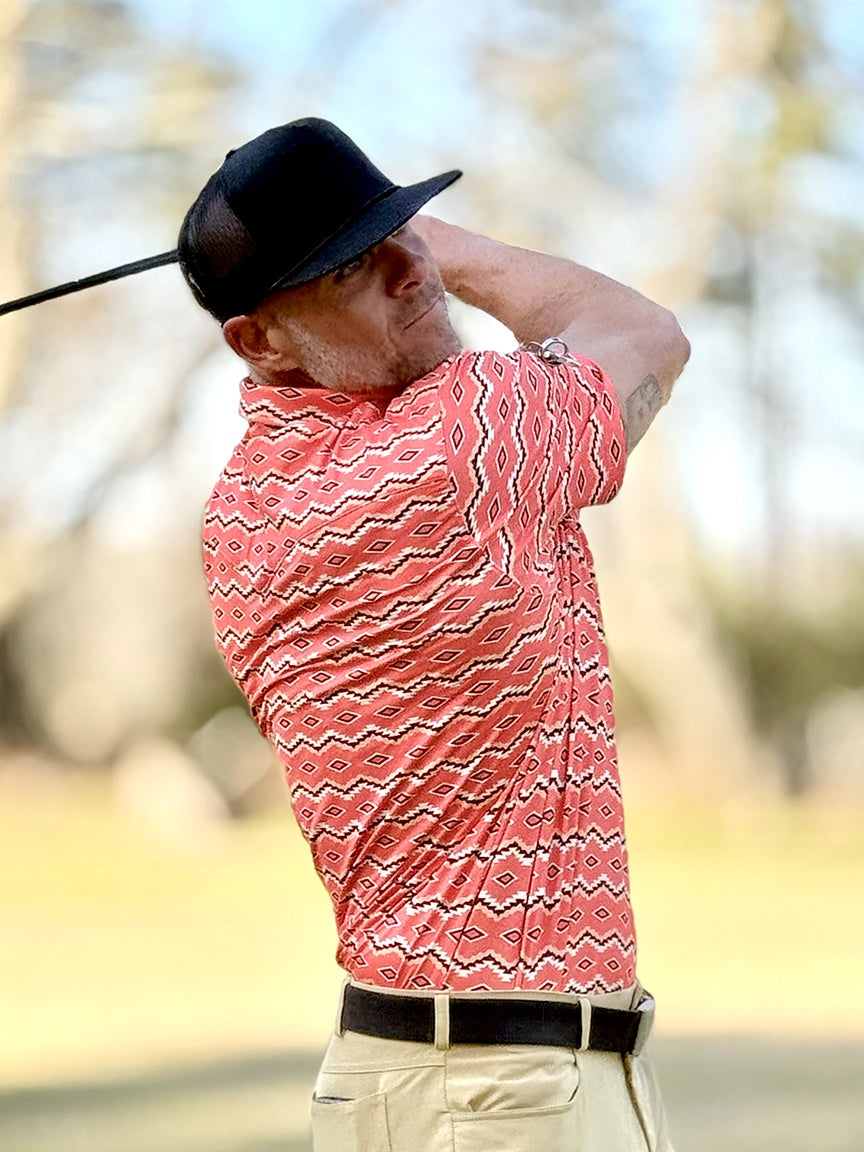 Red Dirt Polo Short Sleeve Shirt Coral Aztec