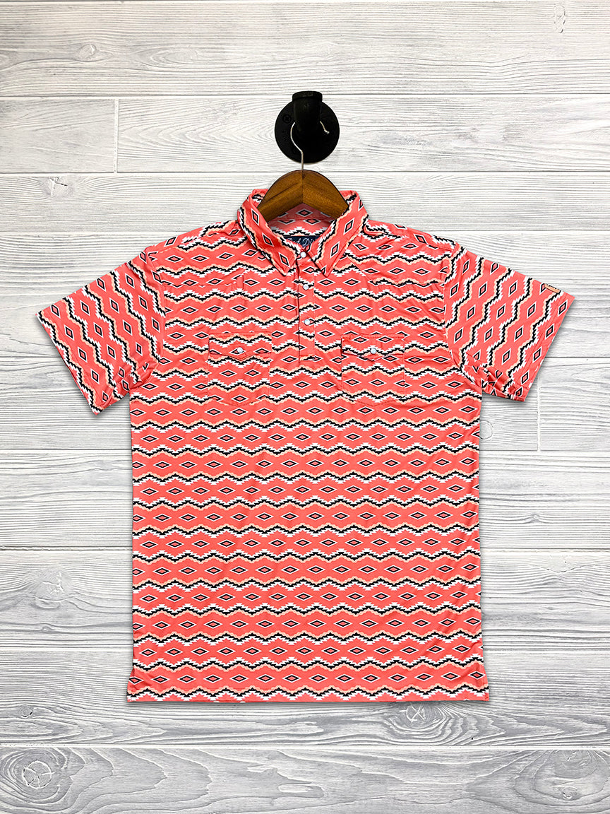 Red Dirt Polo Short Sleeve Shirt Coral Aztec