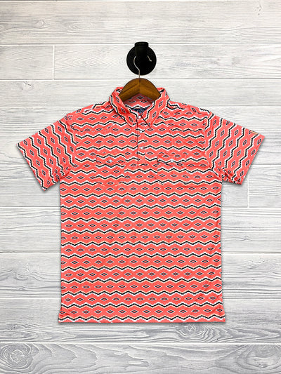 Red Dirt Polo Short Sleeve Shirt Coral Aztec