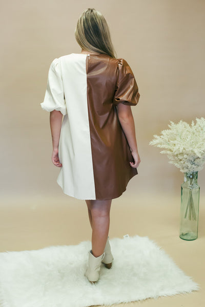 Cream & Brown Leather Boot Mini Dress
