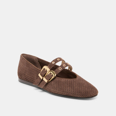 Baylee Grommet DK Brown Perforated Suede Flat