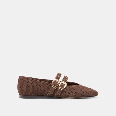 Baylee Grommet DK Brown Perforated Suede Flat