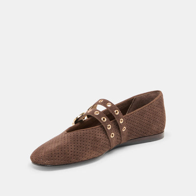 Baylee Grommet DK Brown Perforated Suede Flat