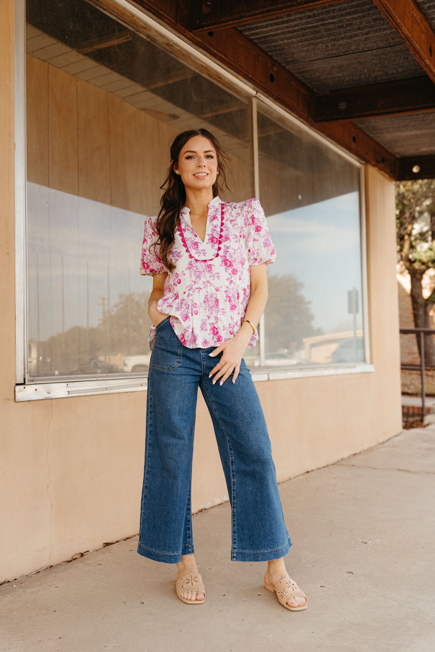 Pink Floral Printed Bubble Sleeves Peplum Top CT9107