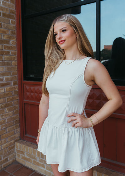 White Denim Boat Neck Sleeveless Low Waist Dress SD2297-3