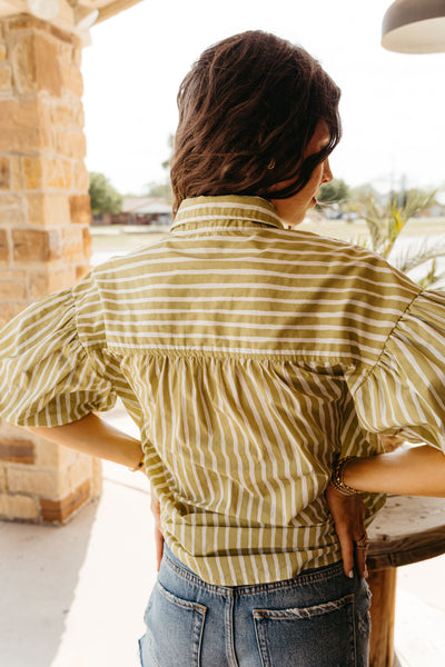 Honeydew Stiped Button Down Shirt with Bubble Sleeves IT17538