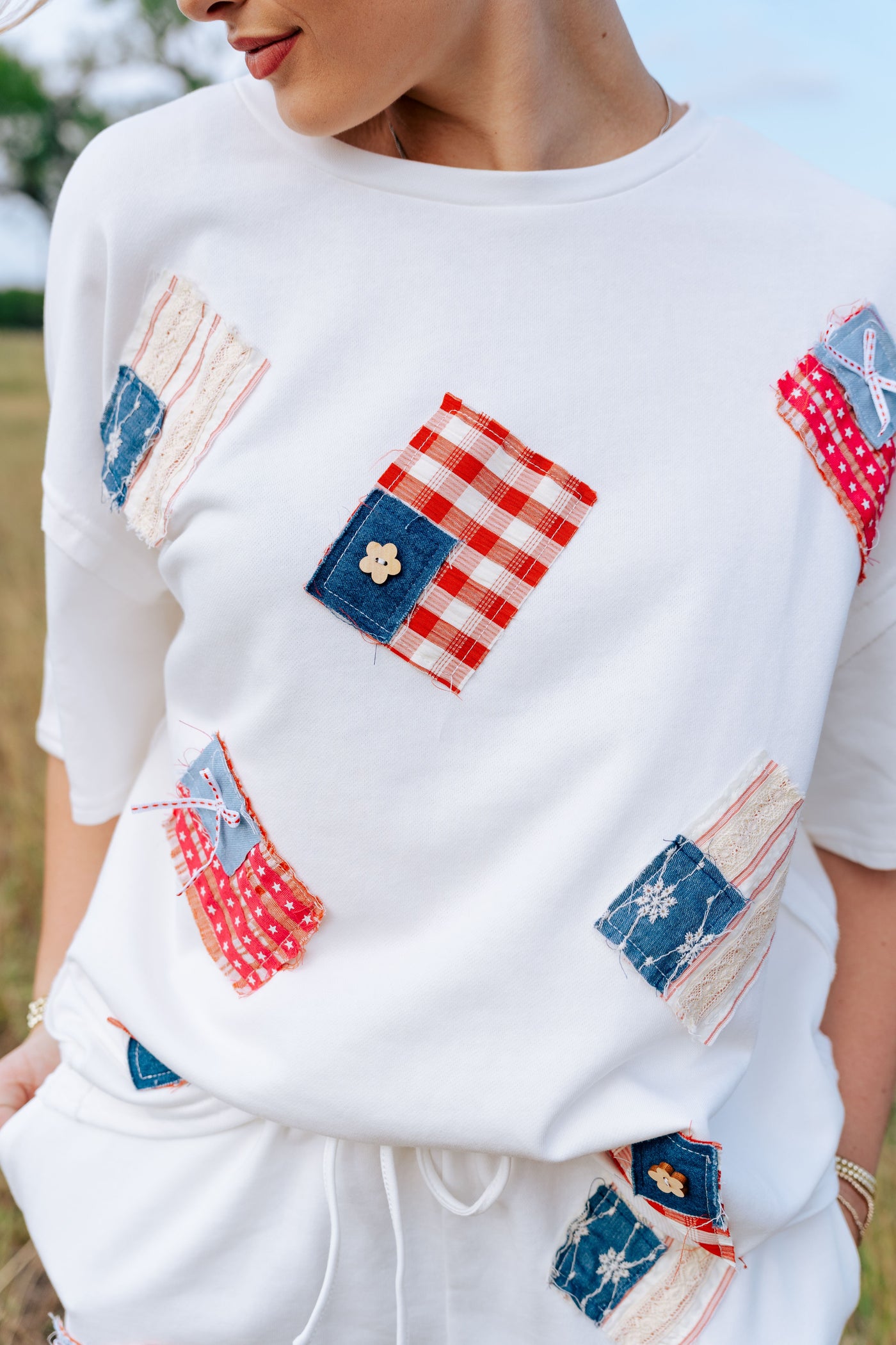 Off White USA Flag Patches Short Sleeve Top IFKT47431-01