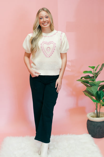 Cream Heart Embroidered SS Sweater