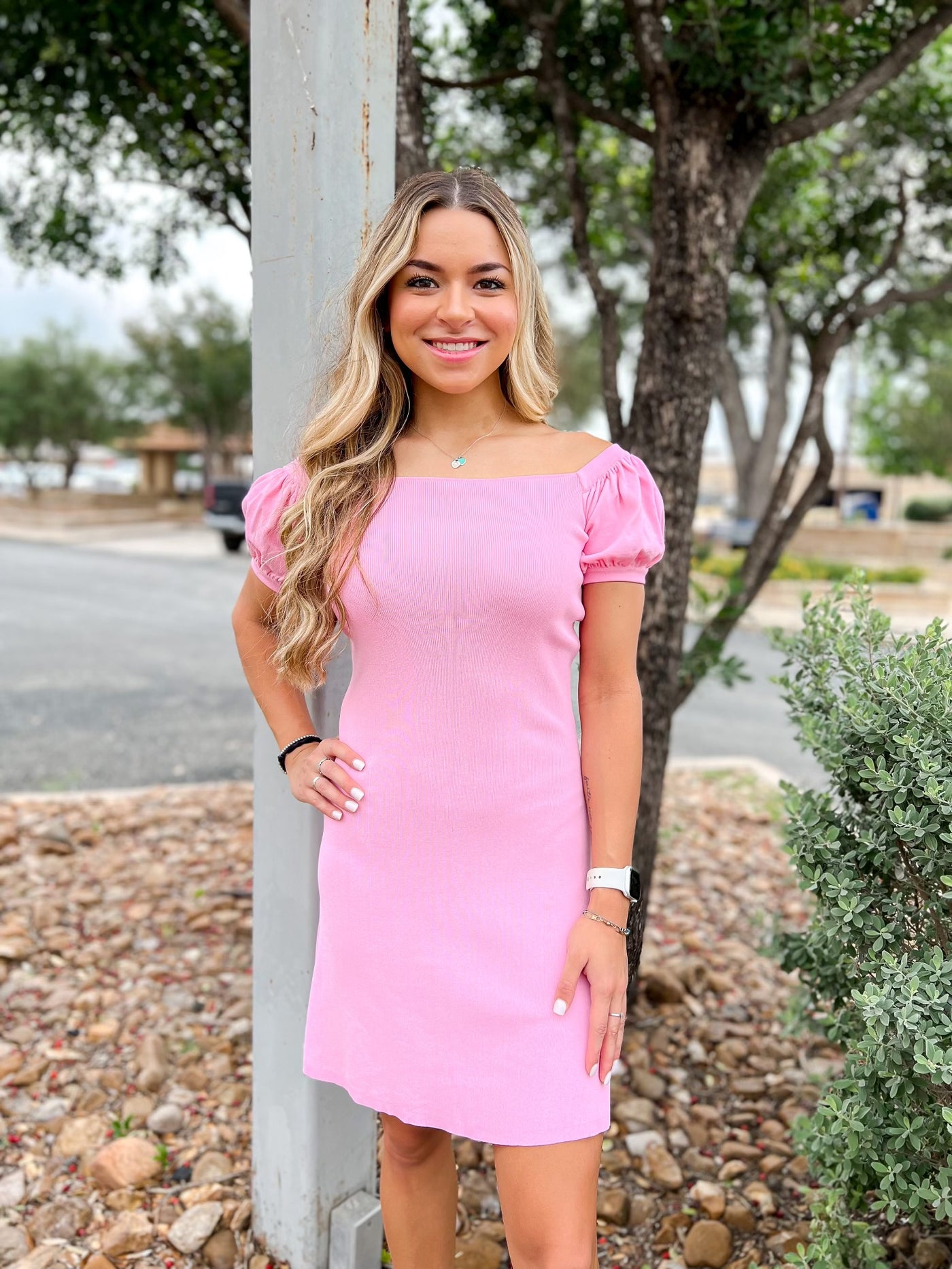 Pink Off Shoulder Knit Mini Dress