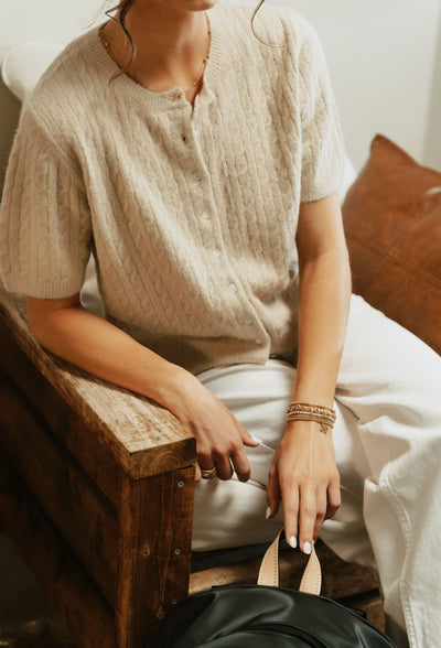 Sand Short Sleeve Button Sweater TBW13695