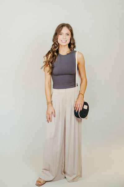 Oatmeal Pleated Wide Leg Pants P-3430-JK