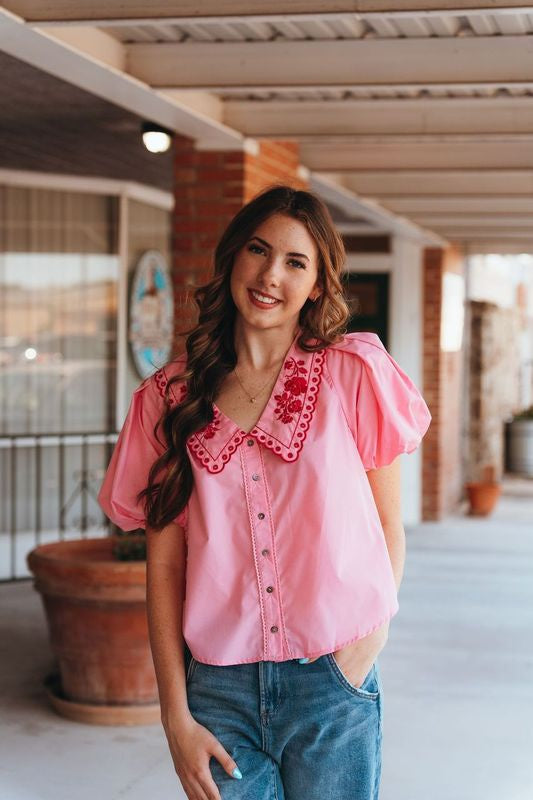 Pink Bubble Sleeve Top with Embroidered Chelsea Collar T25510