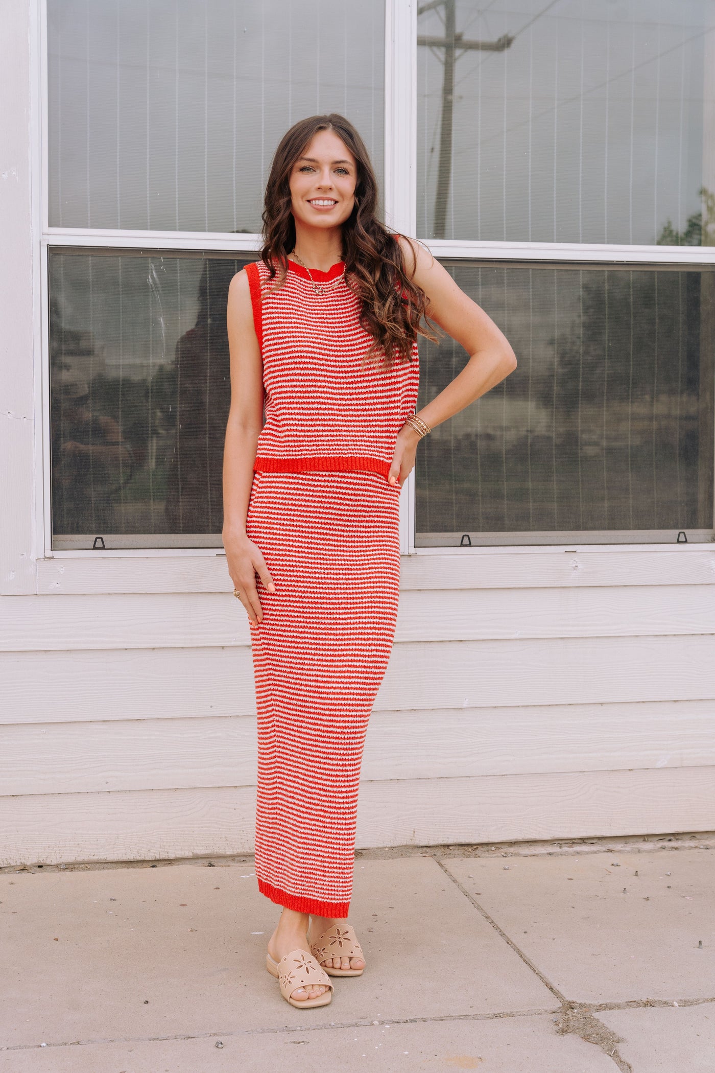 Red/White Striped Sleeveless Top and Maxi Skirt Set IST5872