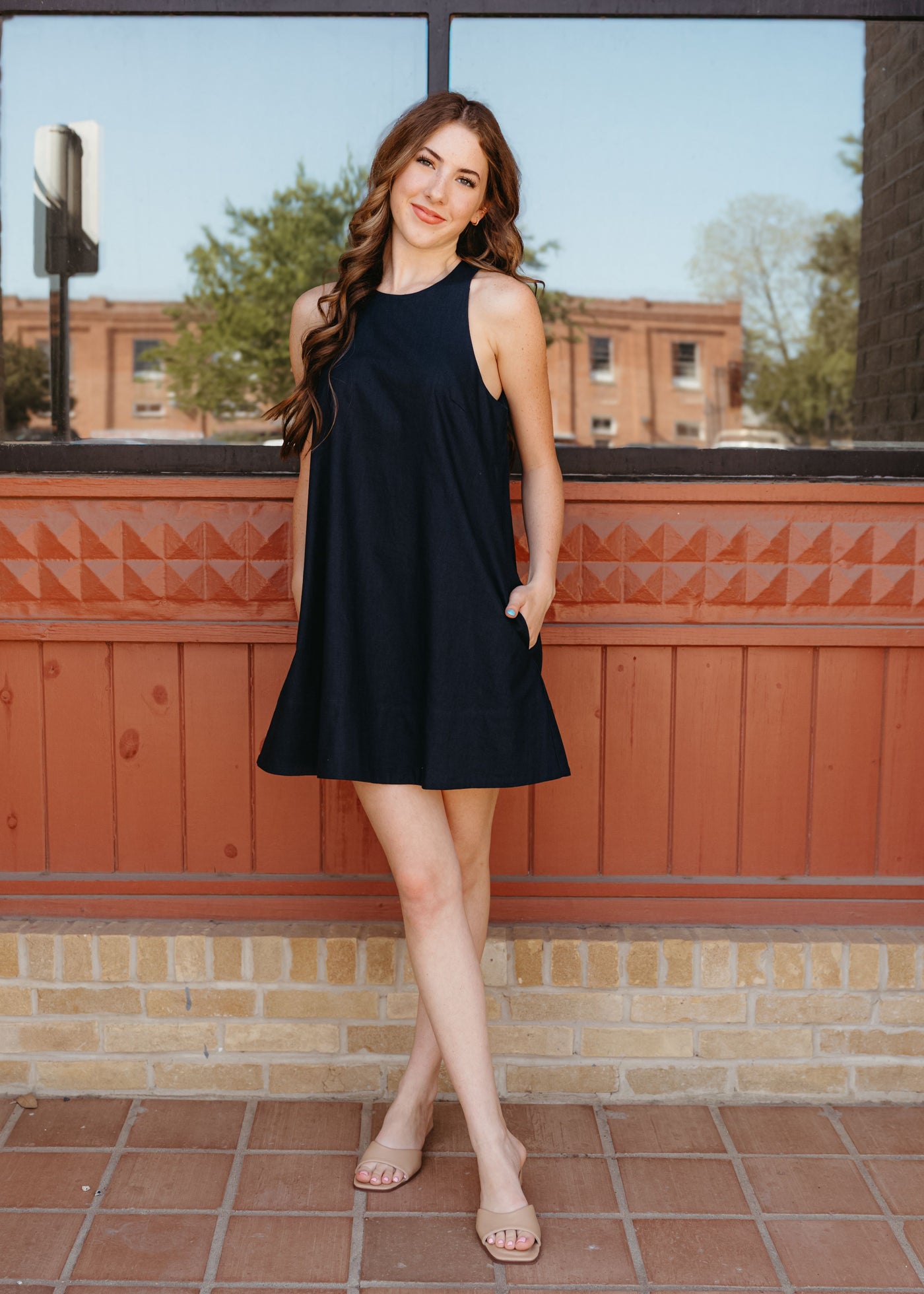Navy Sleeveless Dress with Pockets D4550