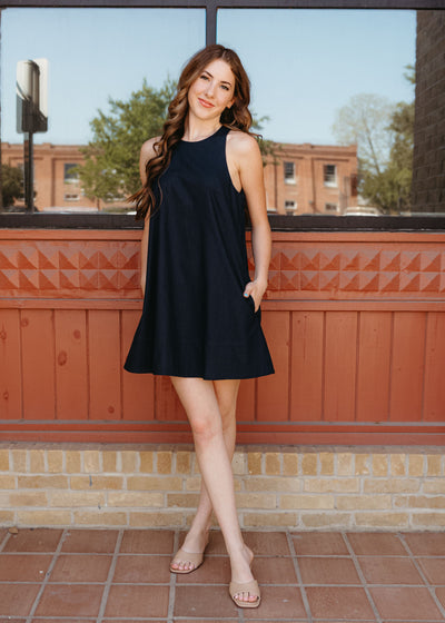 Navy Sleeveless Dress with Pockets D4550