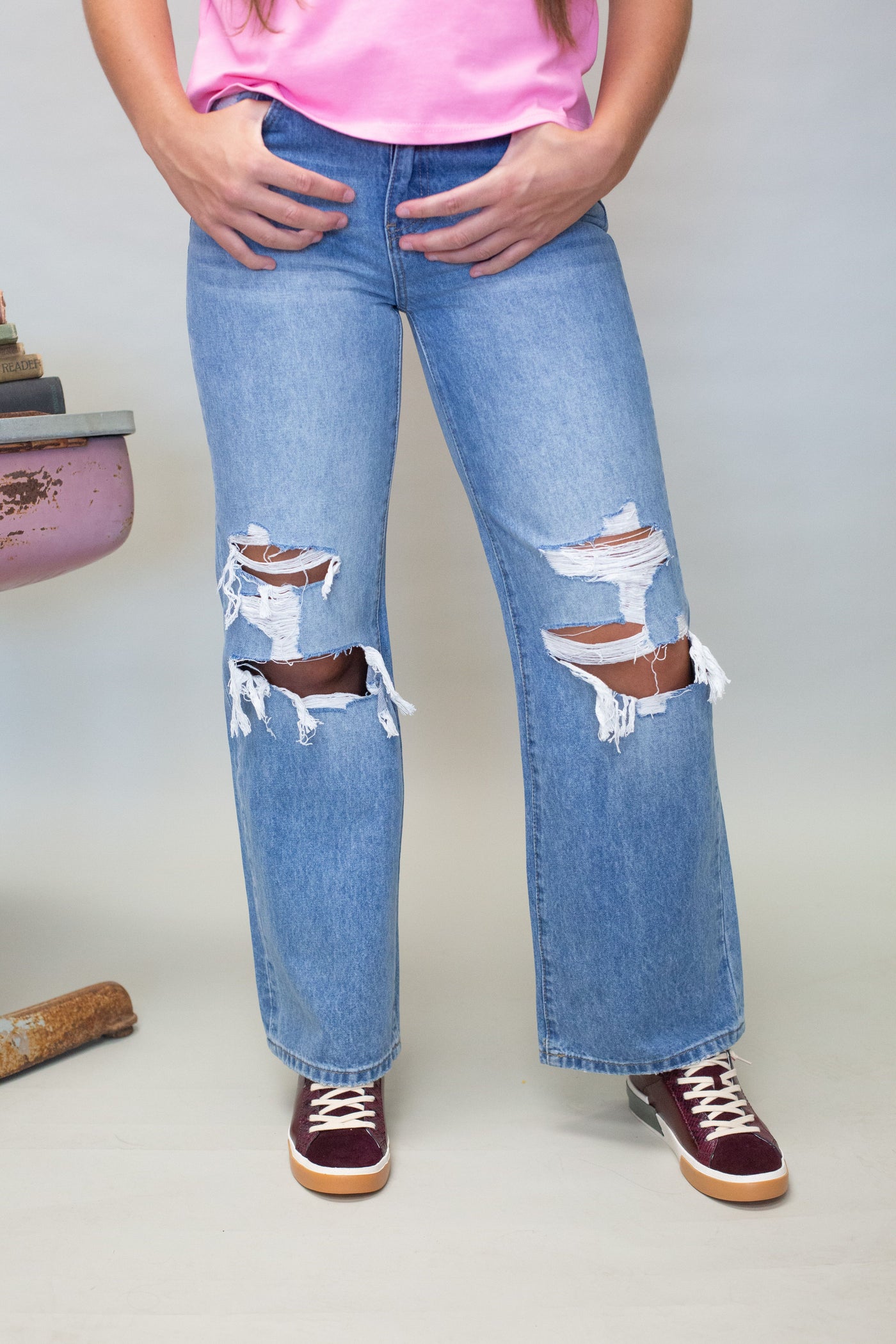 T6033 High Rise Distressed Wide Leg Jean