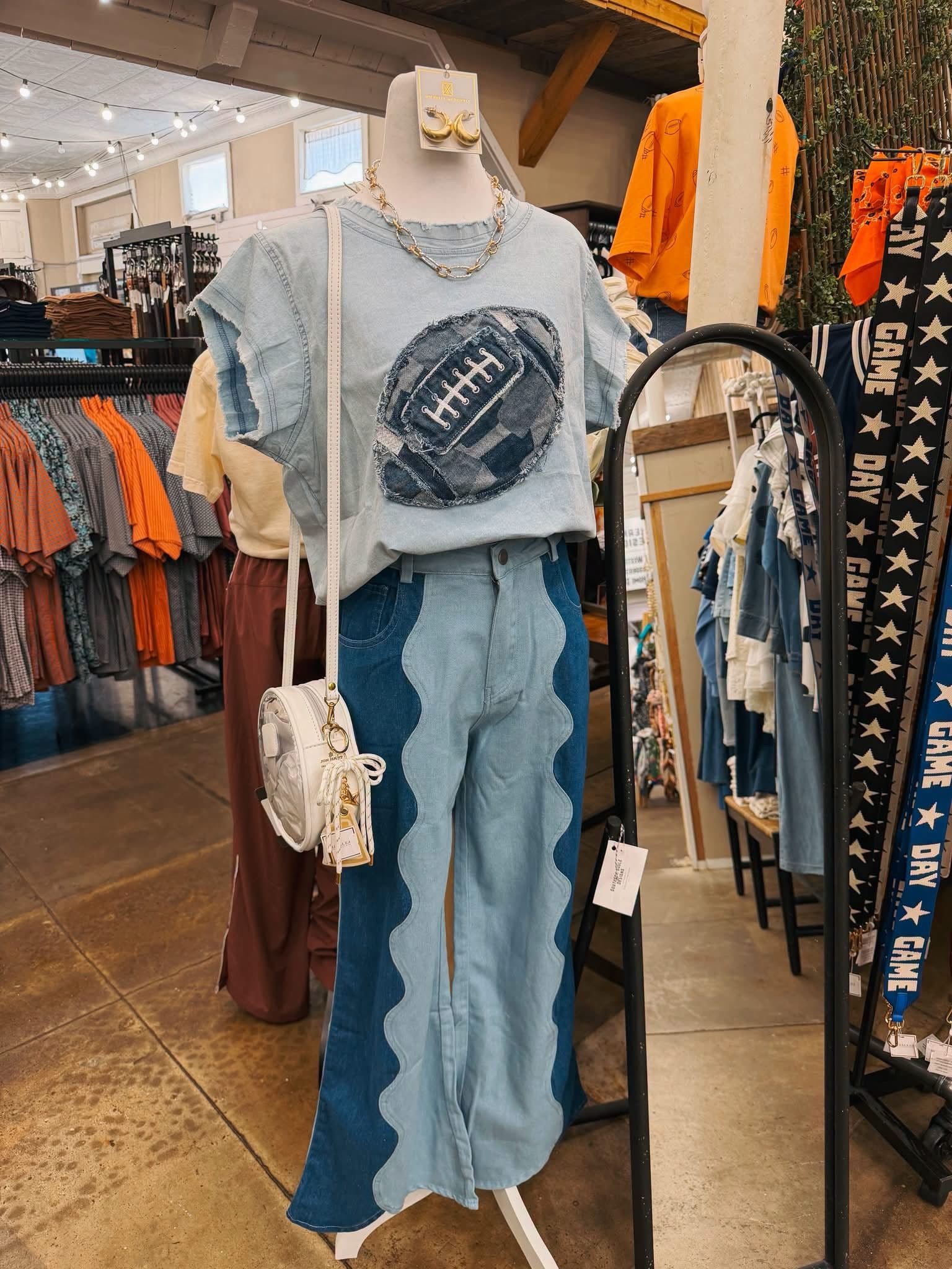 Game Day Retro Denim Football Patch Top T11337LL