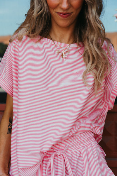Pink Striped French Terry Top and Shorts Set IST17550