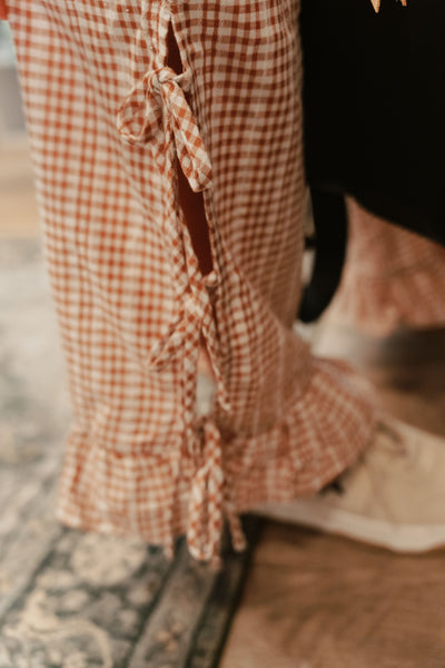 Mauve Gingham Side Slit Ruffle Hem Pants IP300101-01