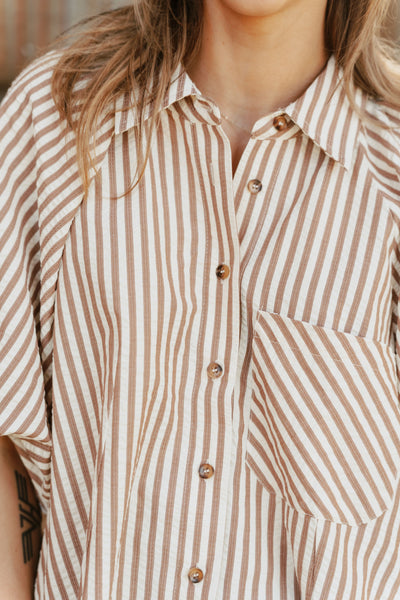 Pecan Striped Bubble Sleeve Button Down Top MTP3329