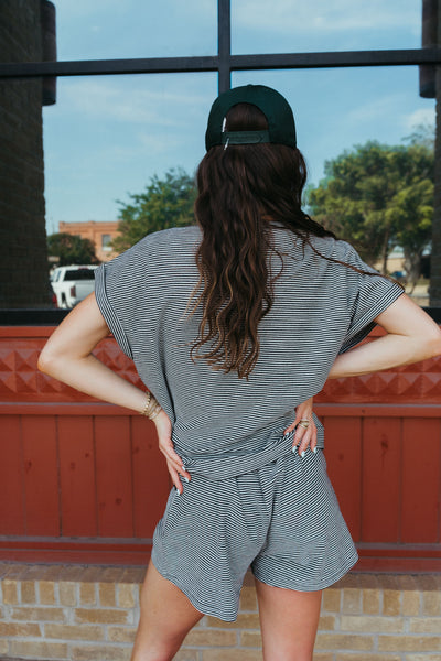 Black Striped French Terry Top and Shorts Set IST17550
