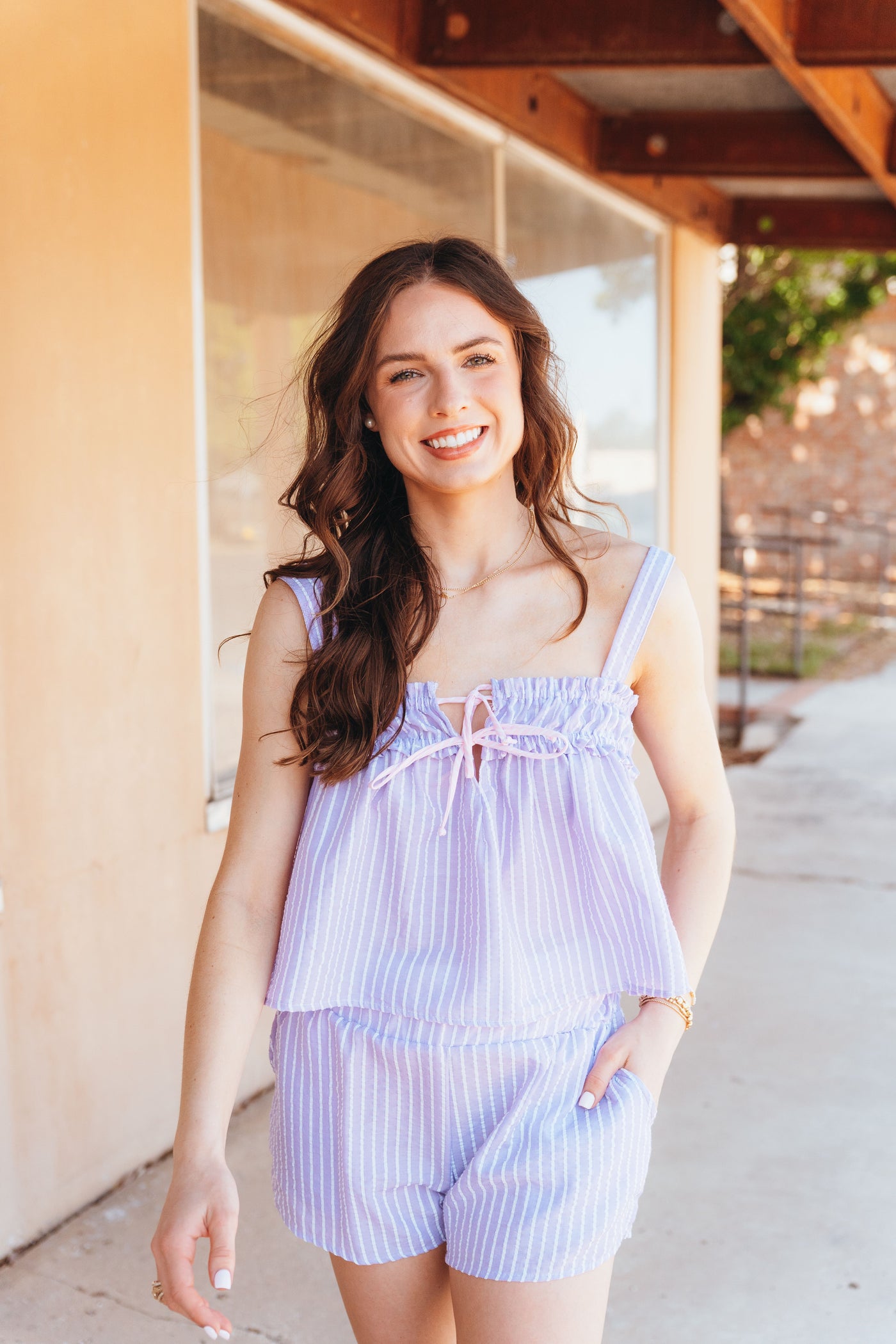 Lavender Striped Front Tie Tank T2317B