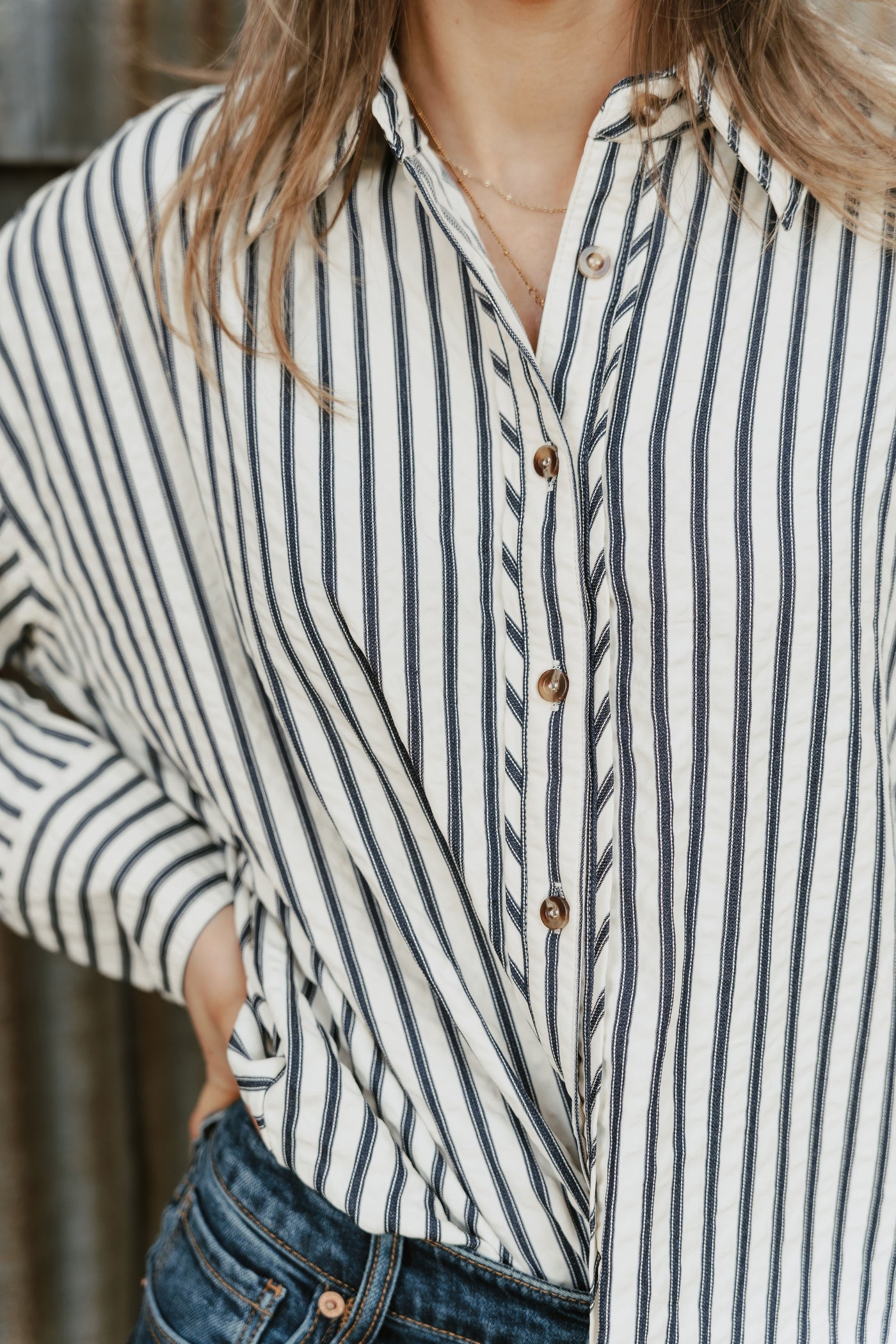 Navy Striped Long Sleeve Button Down Shirt T27667