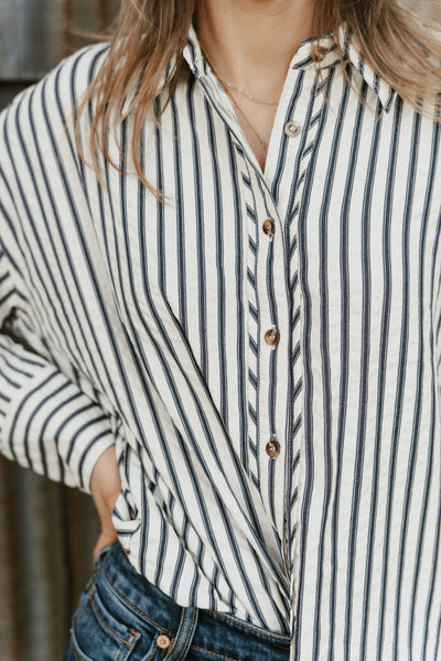 Navy Striped Long Sleeve Button Down Shirt T27667