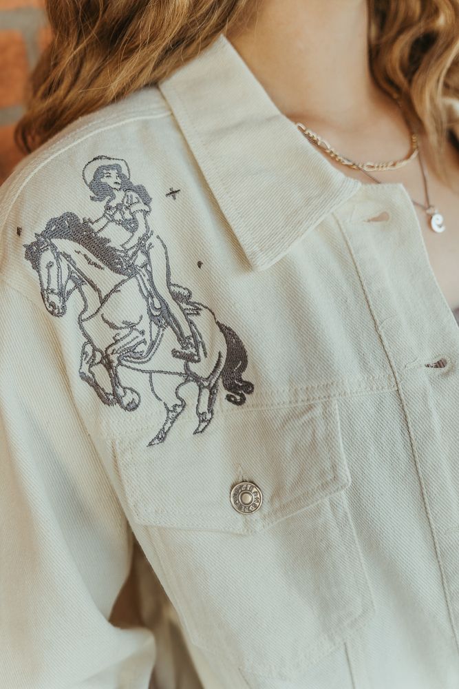 Off White Western Cowgirl Embroidered Denim Jacket 23177J