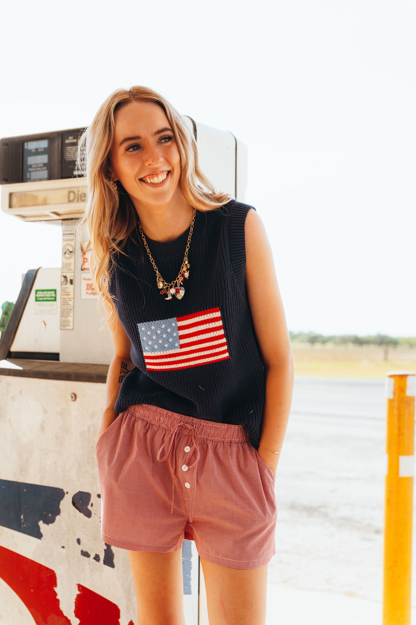 Navy Sleeveless Flag Knit Top BMW7749