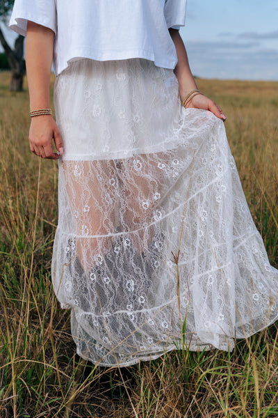 Ivory Tiered Floral Lace Maxi Skirt with Mini Skirt Lining MS8110