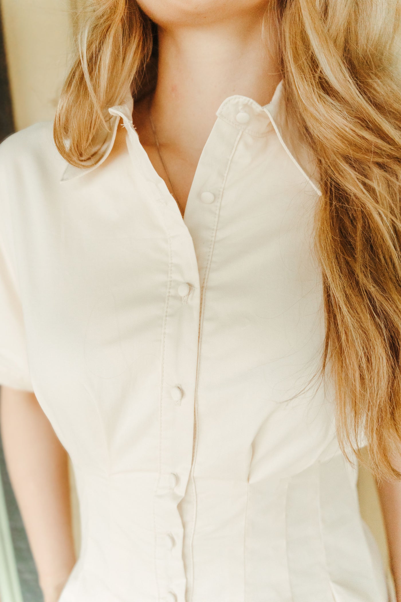 Cream Button Up Collared Side Pockets Dress CD05340