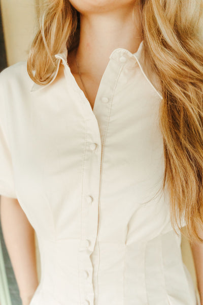Cream Button Up Collared Side Pockets Dress CD05340