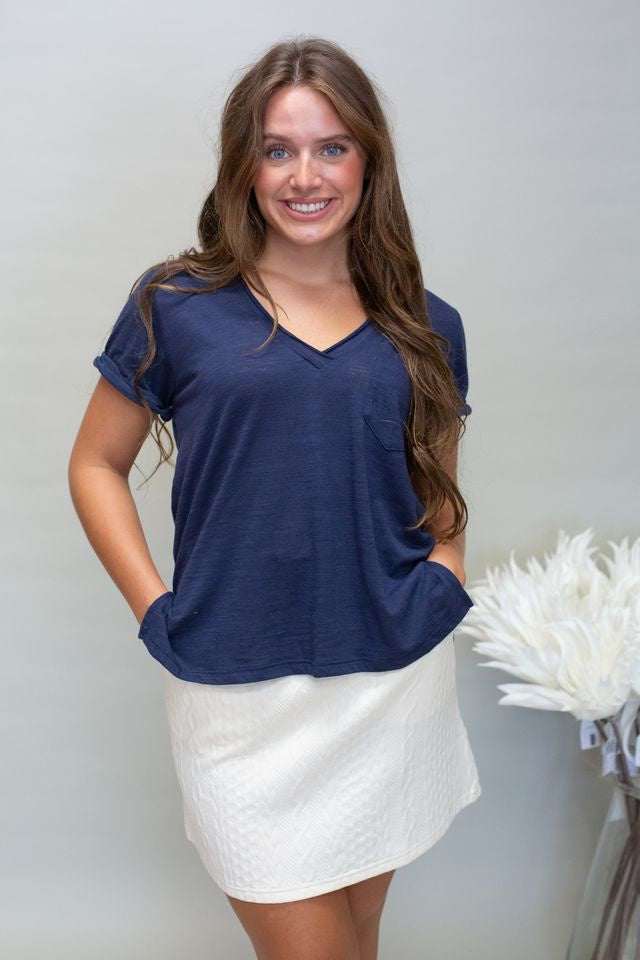 Navy Zoie Vneck SS Top