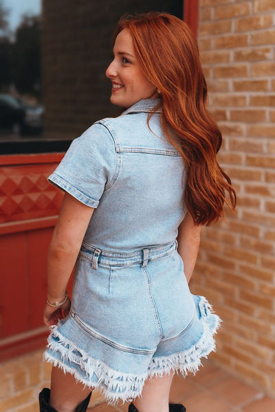 Denim Button Down Frayed Hem Romper LR1125
