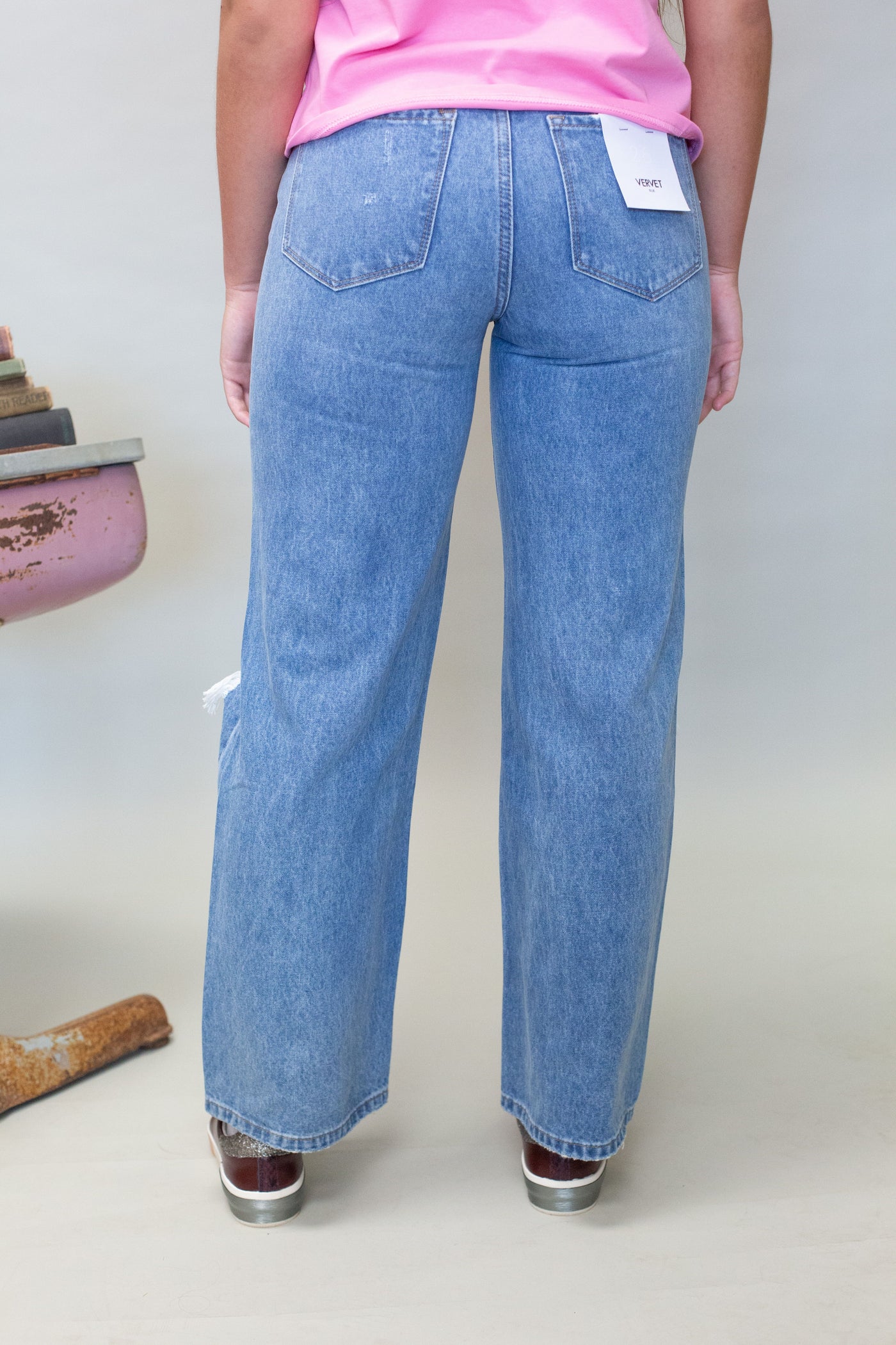 T6033 High Rise Distressed Wide Leg Jean