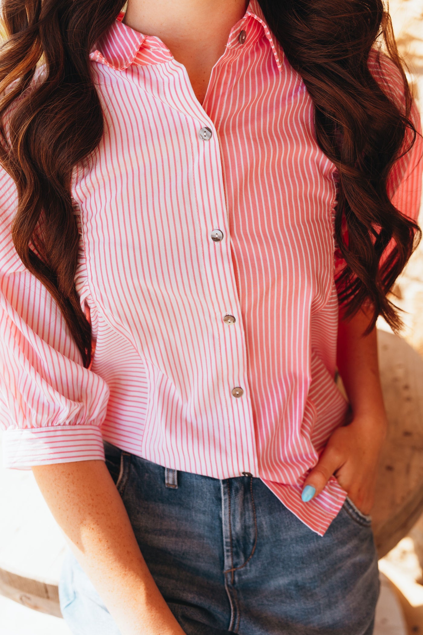 Pink Striped Button Down Top T26390