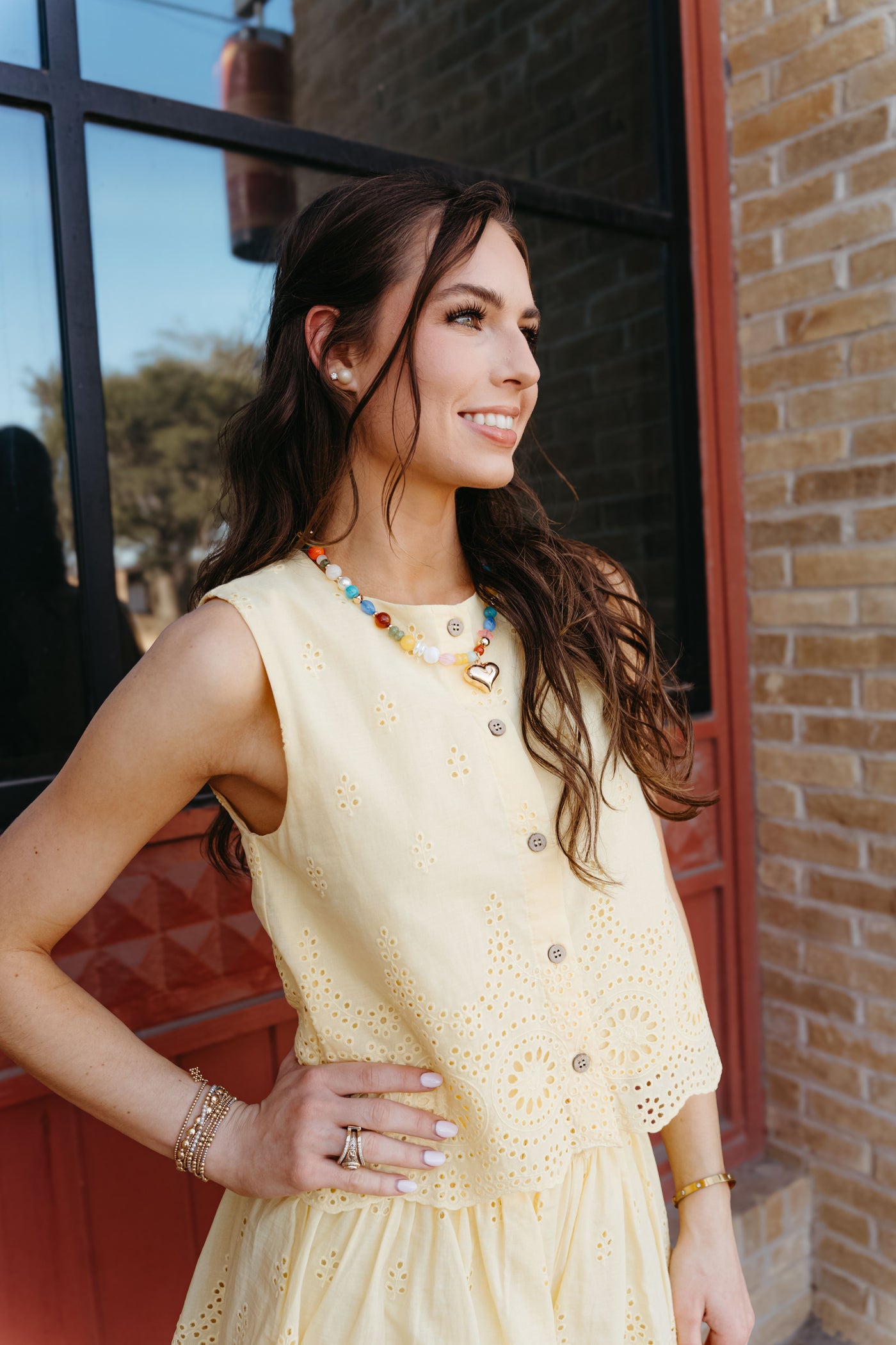 Lemon Eyelet Button Front Sleeveless Top T26367