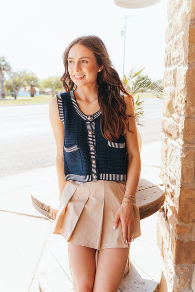 Navy Sweater Vest with Accented Pearl Button T25700