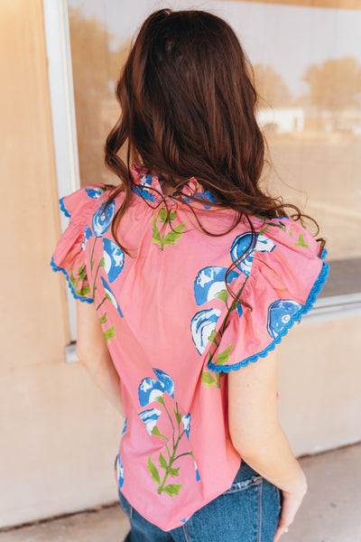 Pink Floral Ruffle Sleeve Top T26121