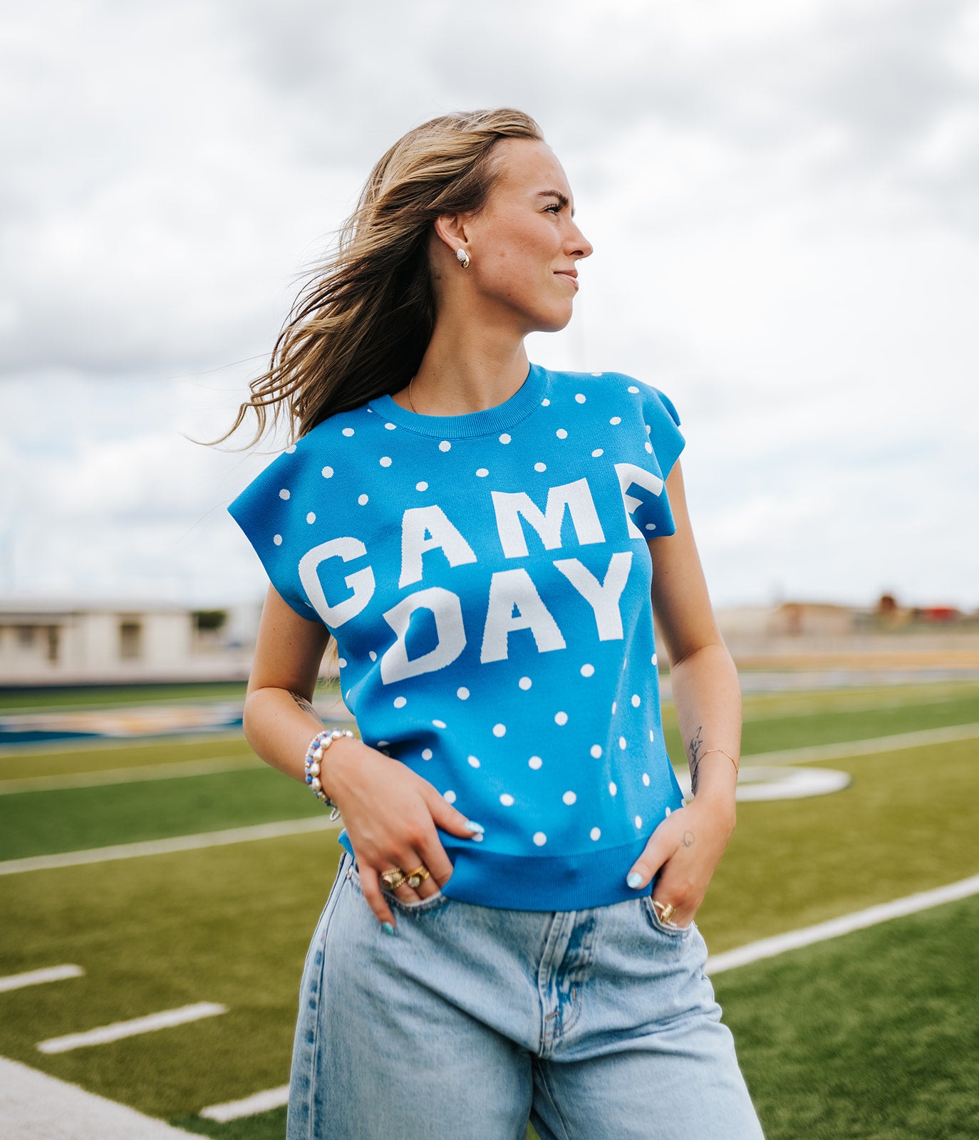 Royal Blue Game Day Sleeveless Polka Dot Knit Top