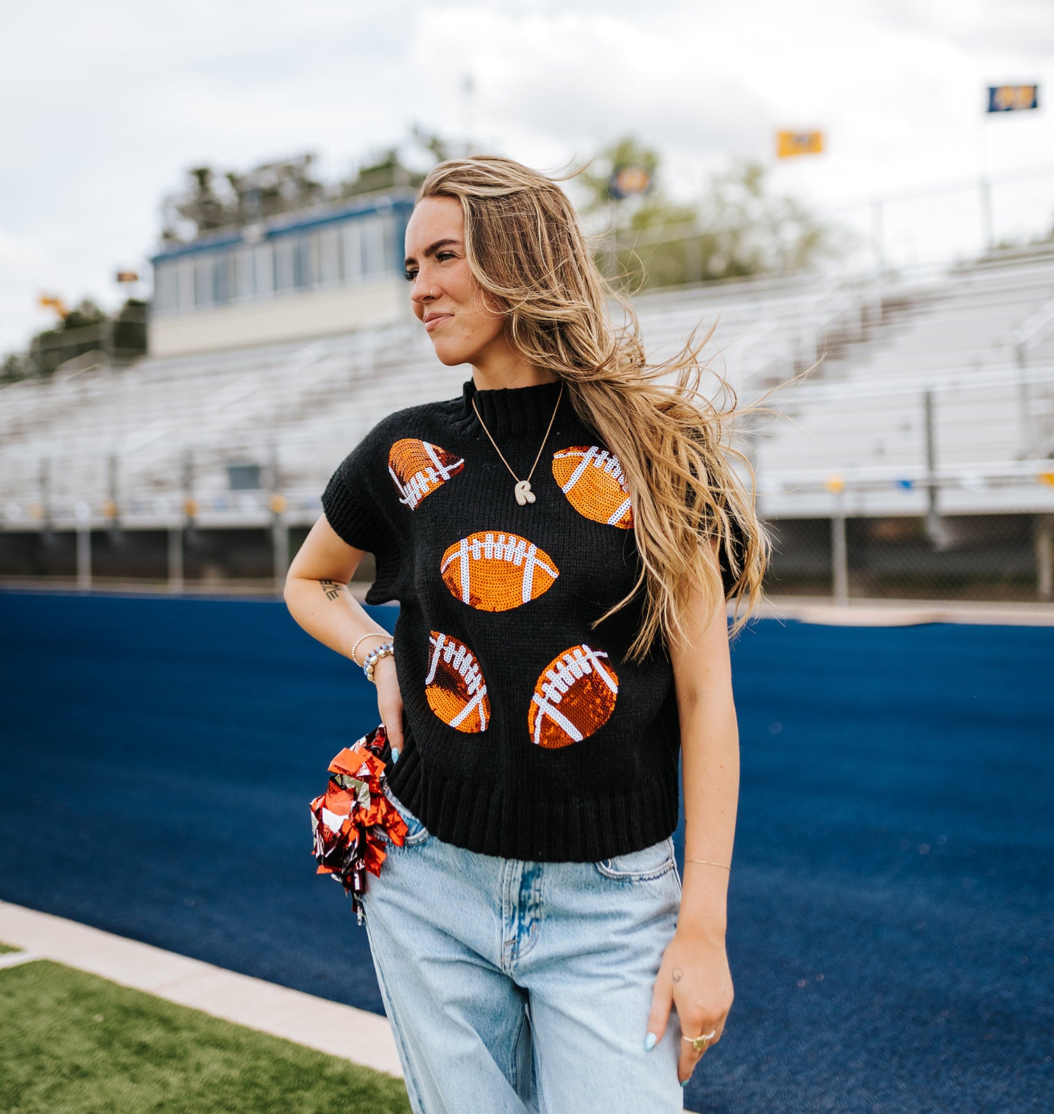 Black Sequin Football Patches Rib Trim Sweater IT1388G-08