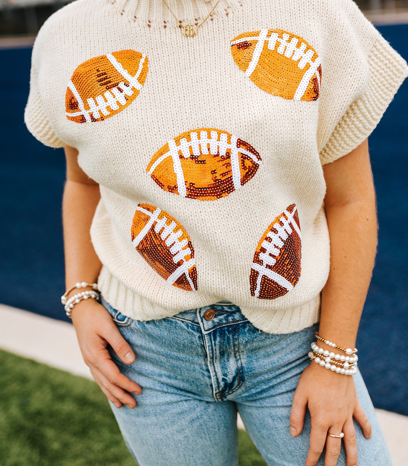 Oatmeal Sequin Football Patches Rib Trim Sweater IT1388G-08
